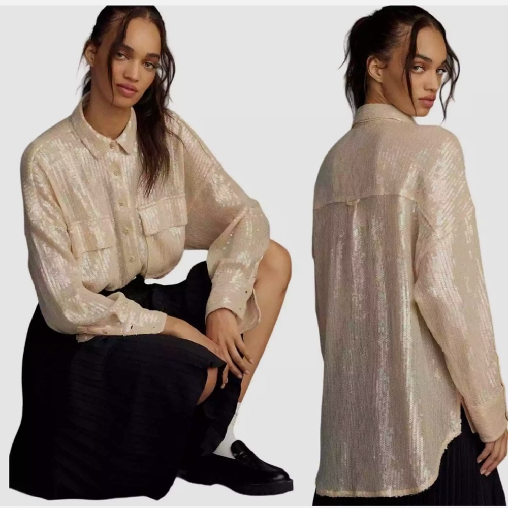 Anthropologie PILCRO SEQUIN BUTTONDOWN SHIRT size M color Cream